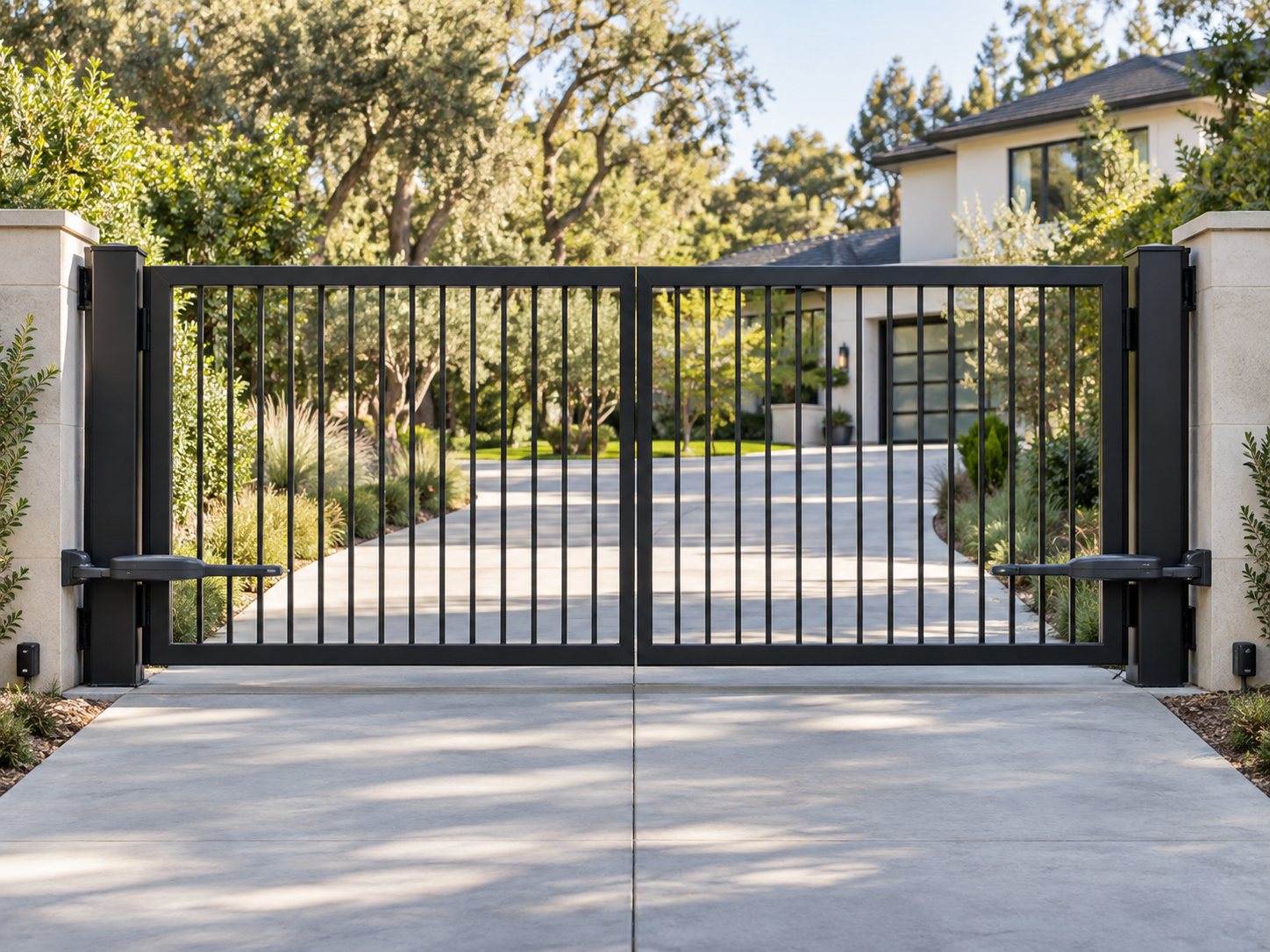 Modern wood slat automatic driveway gate installed by Level 10